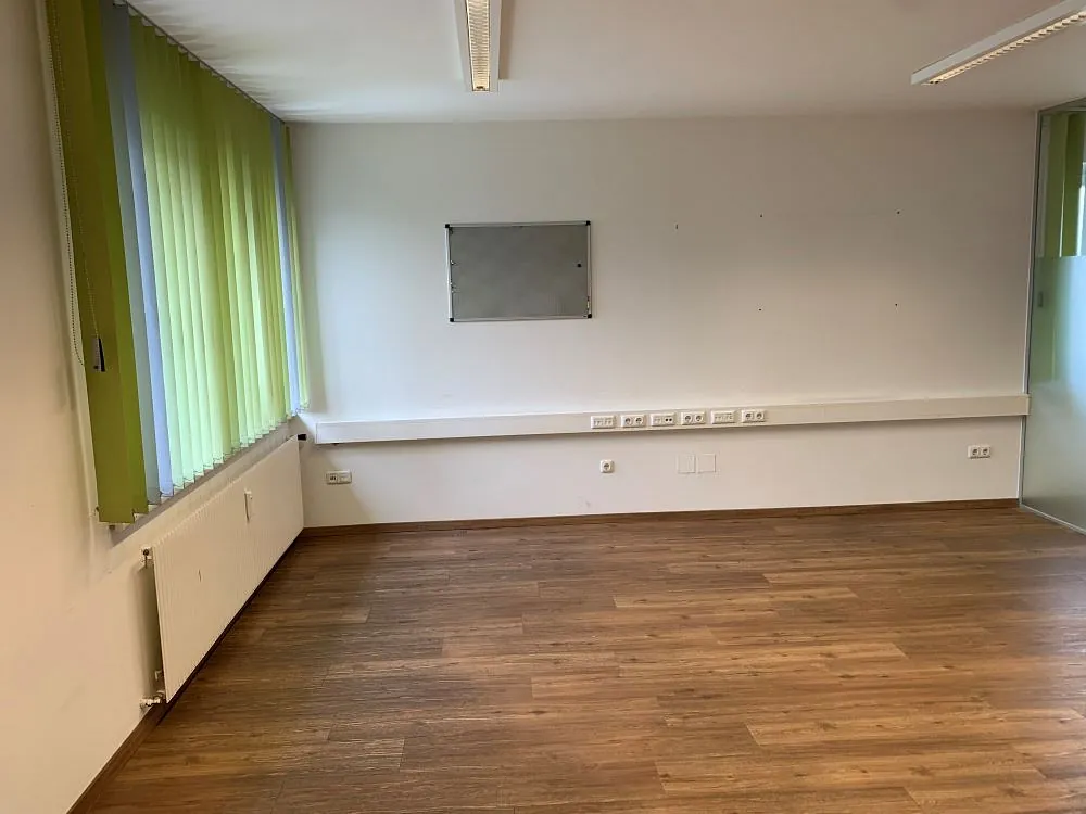leeres Büro mit grünen Fächervorhang